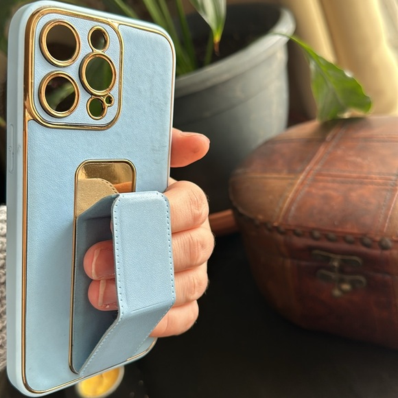 iPhone 14 pro max cover baby blue with gold and magnetic holder/stand - Picture 4 of 4